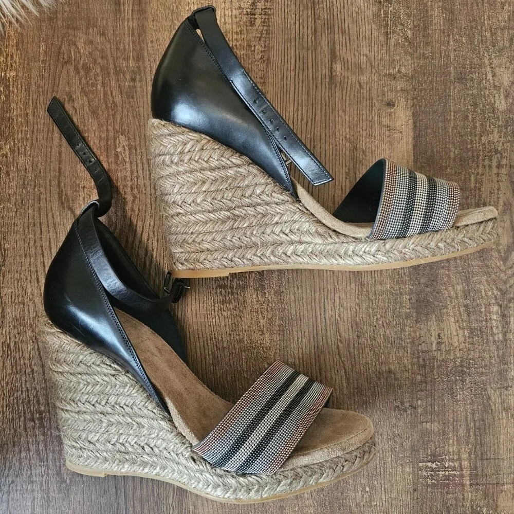 Brunello Cucinelli Monili Ankle Strap Leather Wedge Espadrille Sandals, 39IT/US9